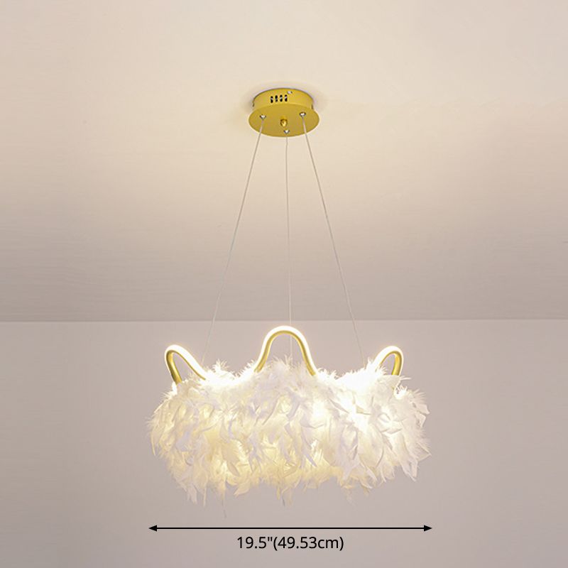 Crown Shaped LED Chandelier Minimalist Feather White Hanging Light for Kids Bedroom