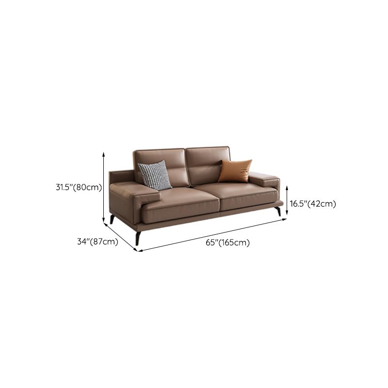 Modern Sewn Pillow Back Cushions Sofa Genuine Leather Square Arm Sofa in Brown