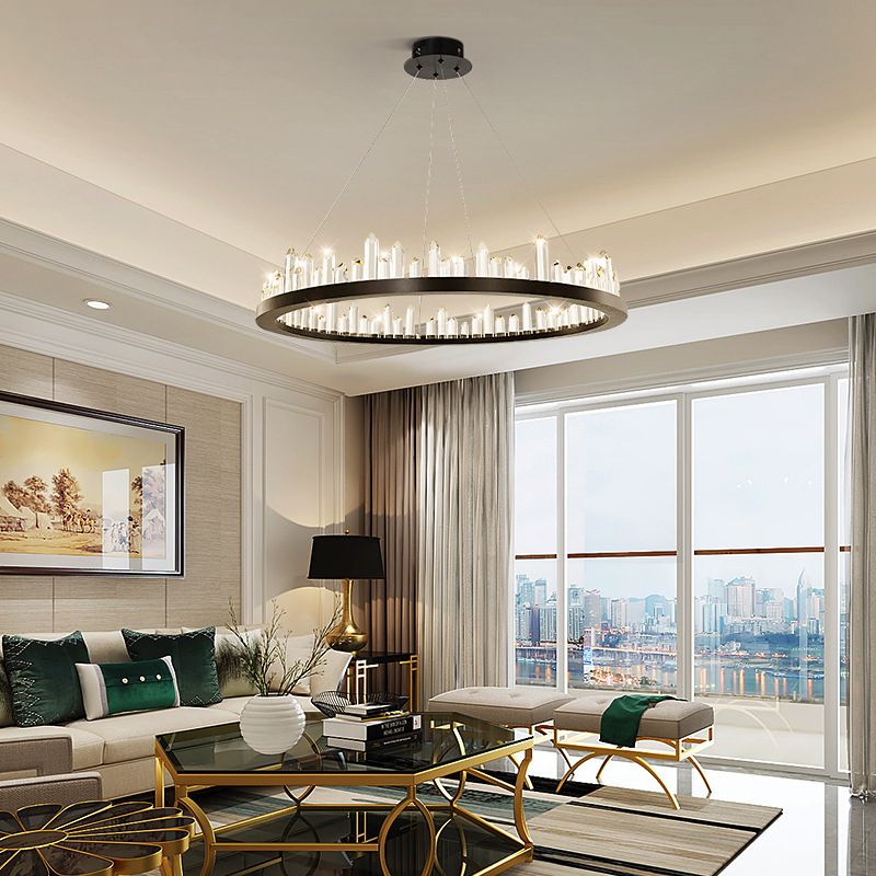 Minimalist Ring-Shape LED Chandelier Crystal Stick Living Room Hanging Light in Black