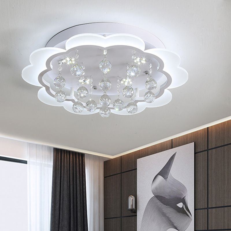 Simple Bloom Flush Ceiling Light LED Acrylic Flush Mount Lamp in White with Crystal Ball, 22"/25.5" W