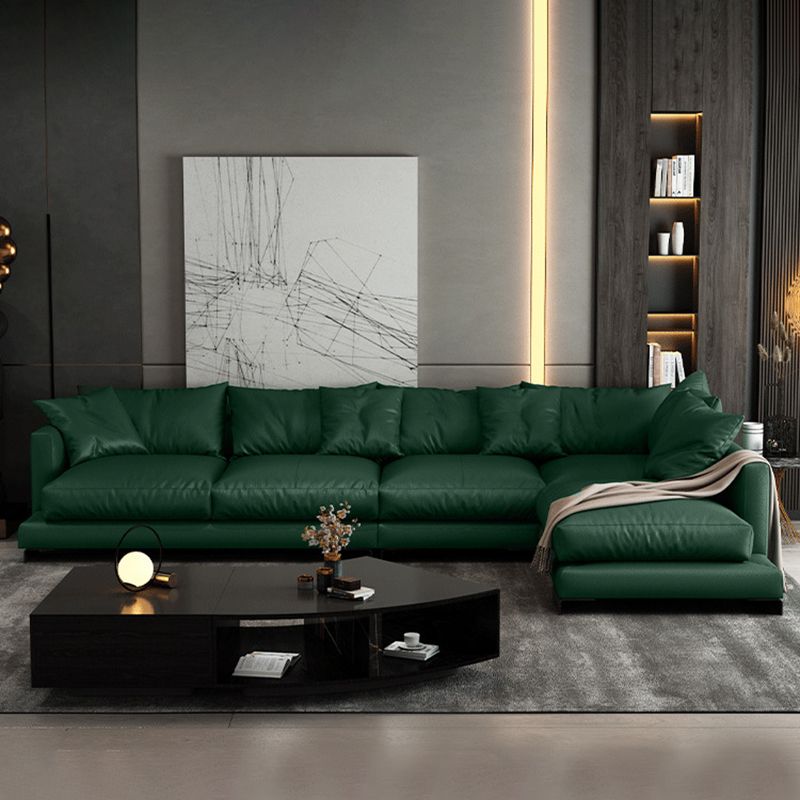 Forest Green Genuine Leather Square Arm Settee Furniture with Pillows