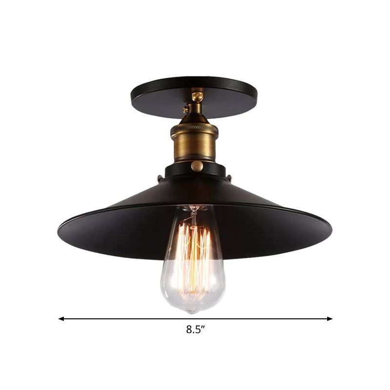 Iron Saucer Ceiling Mount Lamp Farmhouse 1 Bulb Porch Semi Flush Mount Light Fixture in Black, 8.5"/10"/12" W