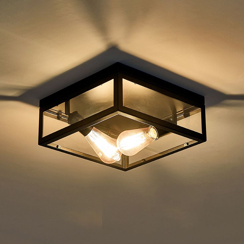 Metal Square Flush Mount Light Industrial 2 Lights Flush Mount Ceiling Fixture in Black
