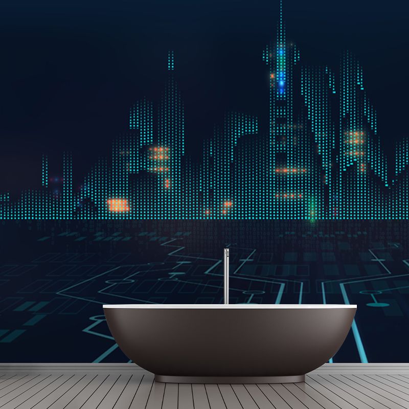 Dark Blue City Architectural Mural Moisture Resistant Wall Covering for Adults Room