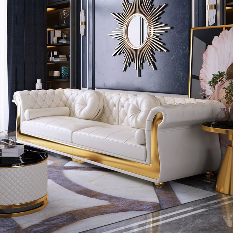 Mid Century Modern White Sofa Genuine Leather Living Room Seating