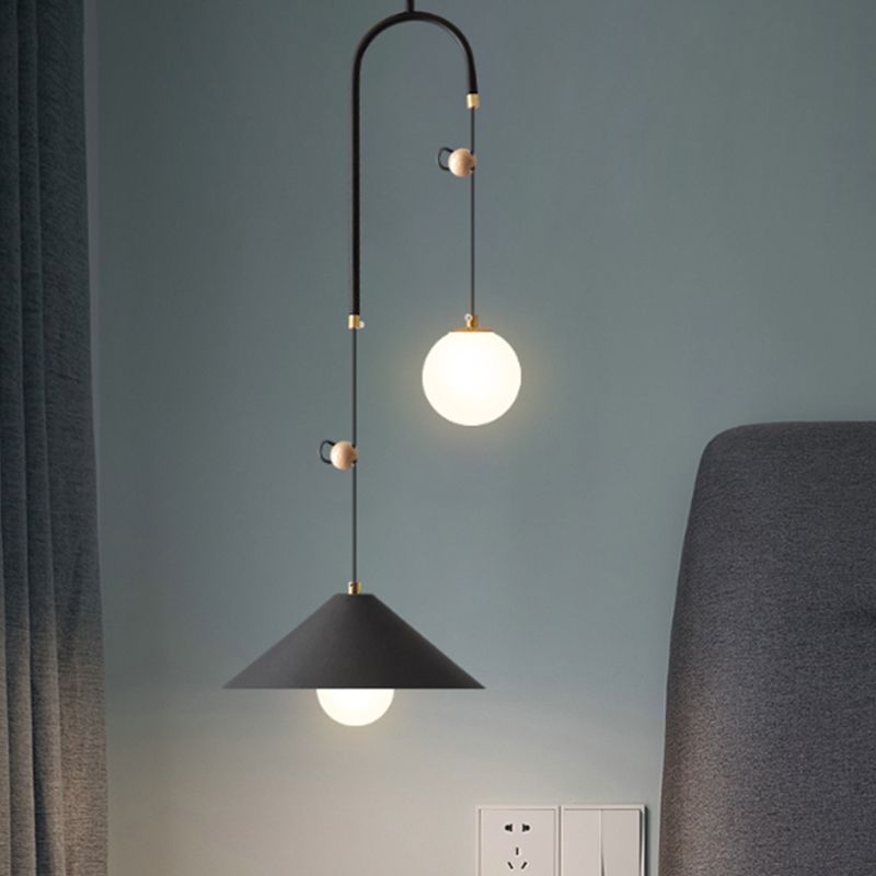 Orb Opal Glass Multi Light Pendant Modernism 2 Bulbs White/Black Pendulum Lamp with 1-Cone Iron Shade, 10"/14" Wide