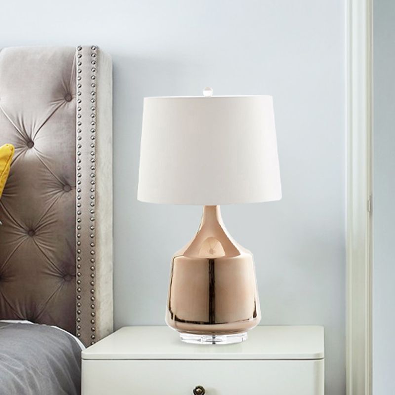 Modernisme Table d'urne Éclairage Céramique 1 lampe de bureau de chevet de tête en or rose avec de l'ombre en tissu blanc