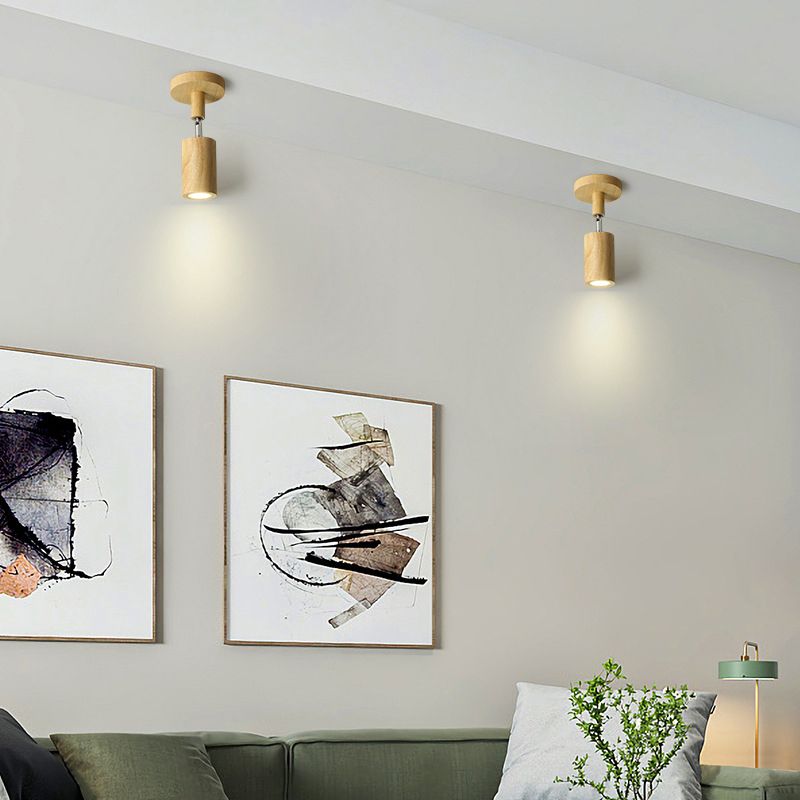 Modern Wood Flush Mount Cylinder Shape Ceiling Light with Glass Shade for Living Room