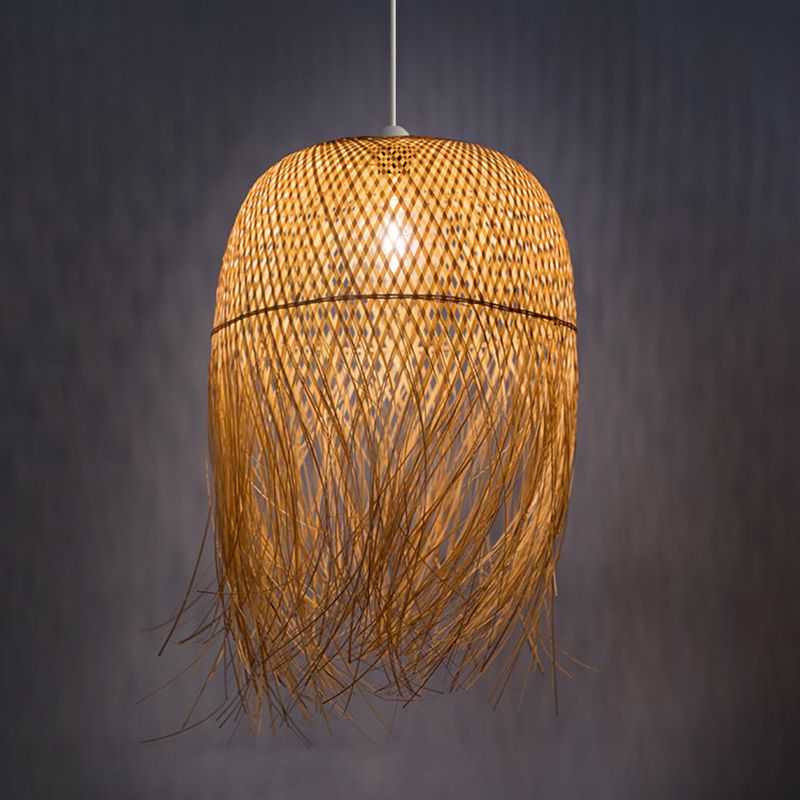 Beige Hand-Woven Pendant Asia Art Deco 1 Bulb Bamboo Hanging Light for Dining Table