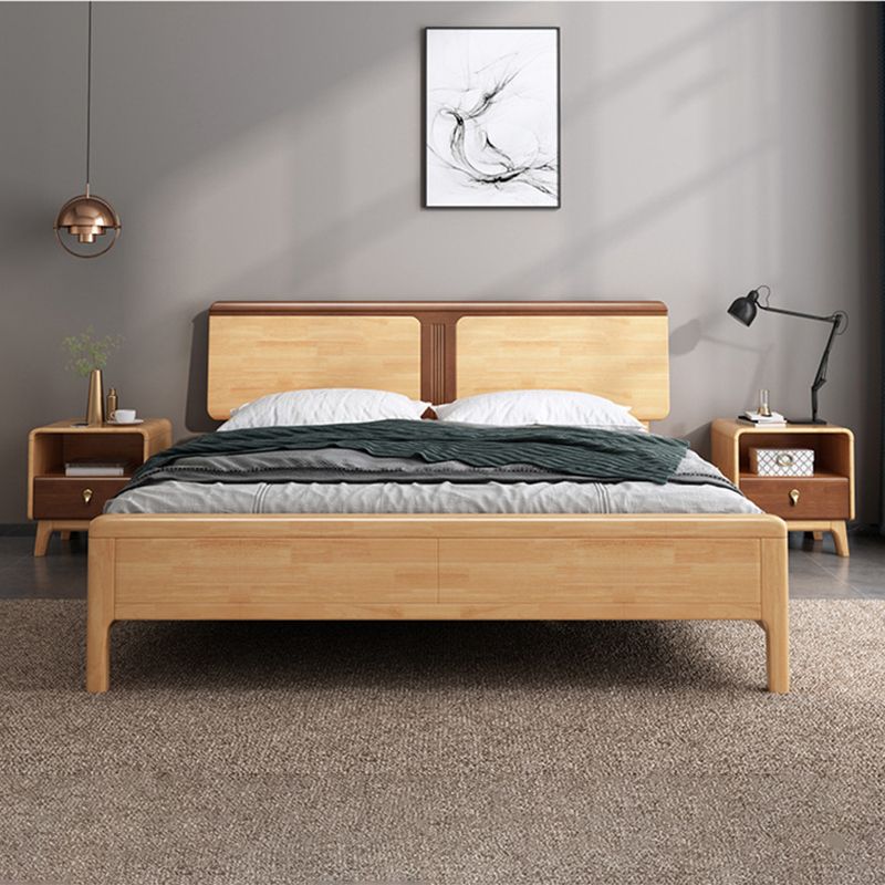 Contemporary Panel Bed Solid Wood Natural Standard Bed with Headboard