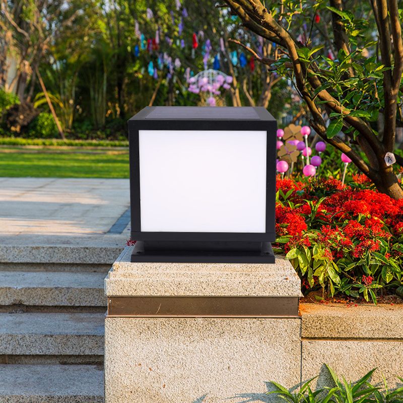 Square Shape Metal Solar Pillar Lamp Modern 1 Light Outdoor Waterproof Light in Black