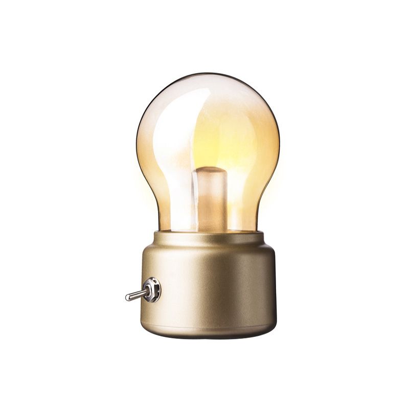 Creative Bulb Shade Amber Glass Night Table Lamp LED Nightstand Light with Black/Gold Base