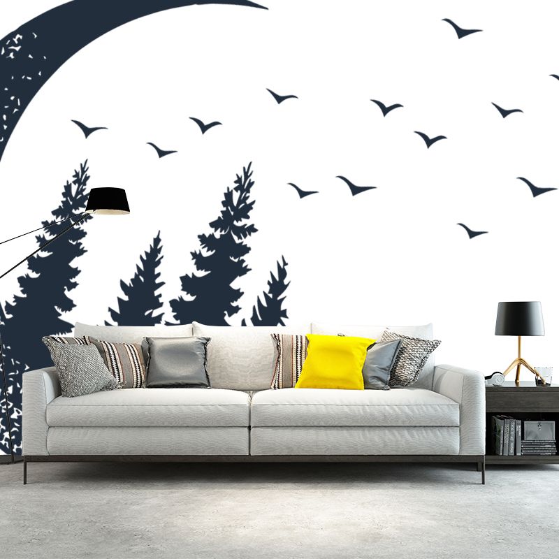 Creative Crescent and Forest Mural for Girls Bedroom, Black-White, Made to Measure