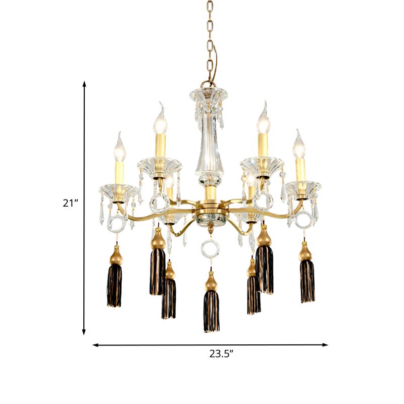Brass Candlestick Chandelier Lamp Traditional Crystal 6-Light Dining Table Pendant Light with Tassel