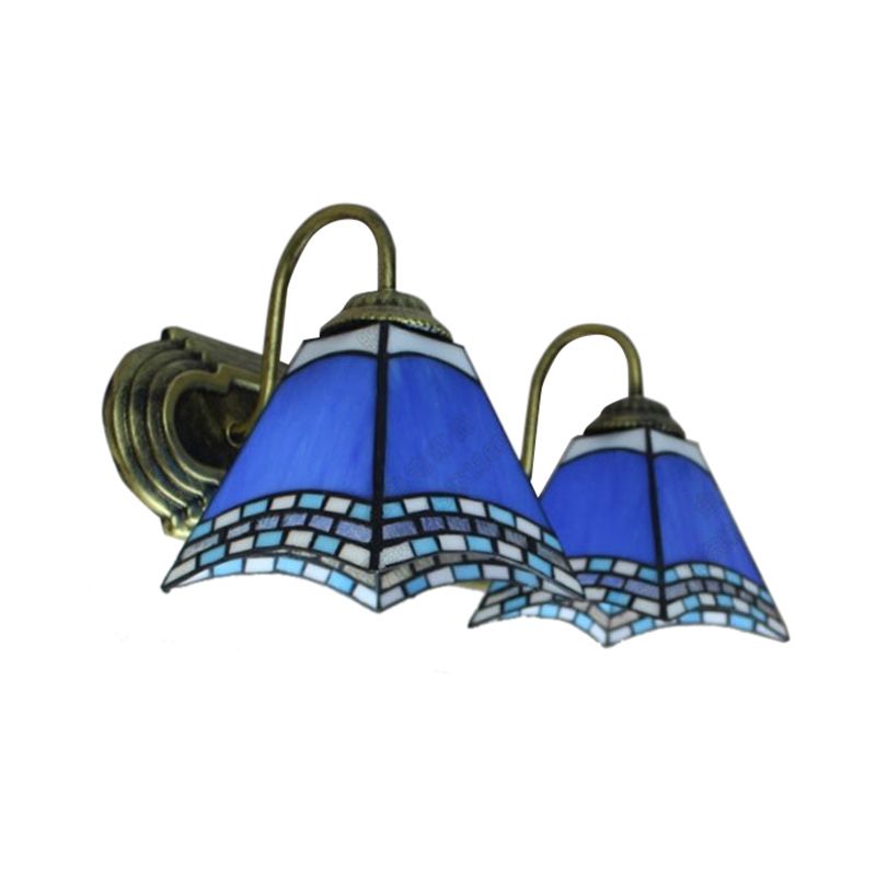 Blue Glass Pyramid Wall Mounted Light Mediterranean 2 Heads Bronze Sconce Lighting