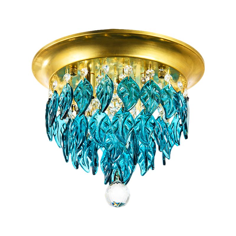 Leave Flush Mount Lamp Modern Style Clear/Clear and Blue/Lake Blue Crystal 4 Bulbs Sleeping Room Ceiling Light in Gold