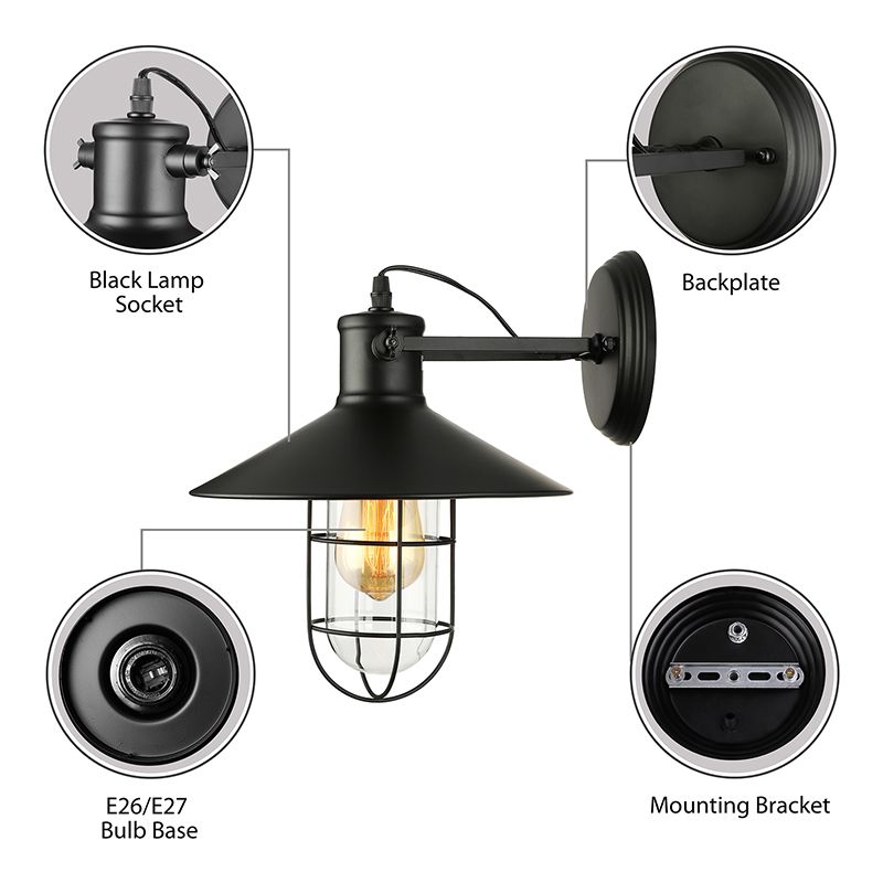 1 Light Clear Glass Wall Sconce Light Traditional Black/Rust Caged Coffee Shop Lighting Fixture