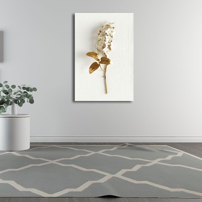 Flower Branch Wall Art Print Gold and White Canvas Wall Decor for Bedroom, Textured