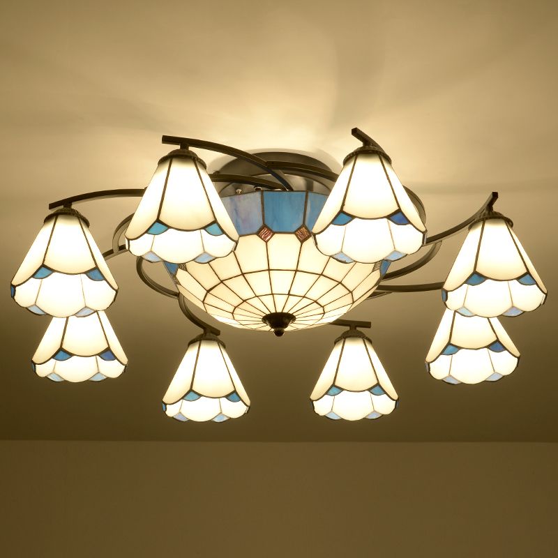 Mediterraan Bloemplafond Flush Licht bevlekte kunstglas Semi Montage verlichting voor slaapkamer