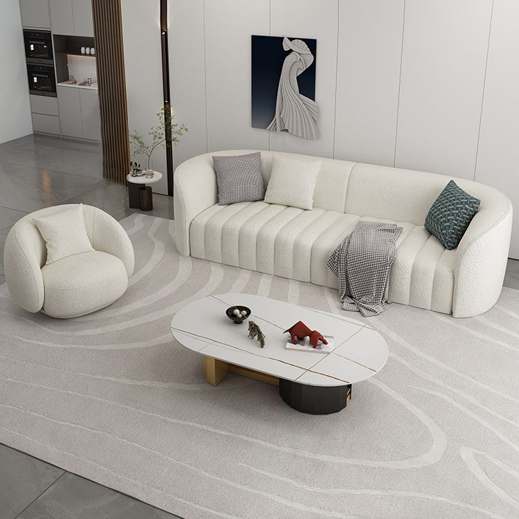 White Wool Curved Sofa Modern Sloped Arm Sofa for Living Room