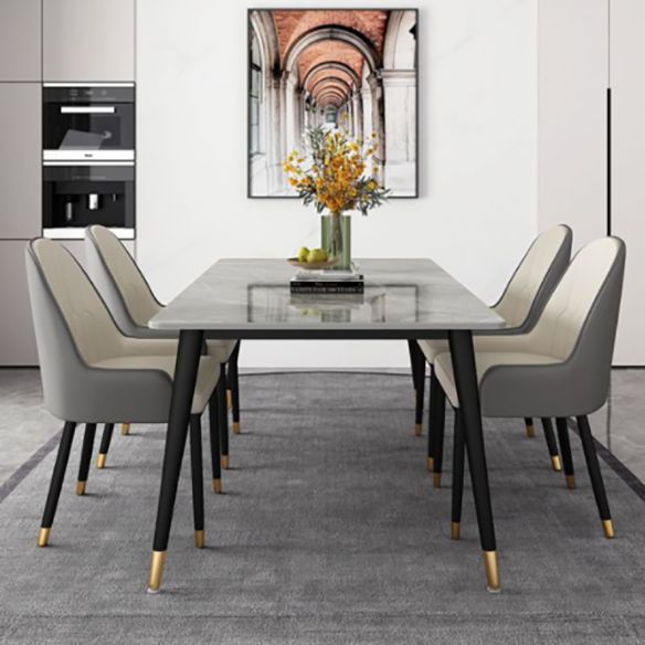 Juego de comedor rectángulo de piedra sinterizado moderno juego de comidas blancas estándar con 4 patas base