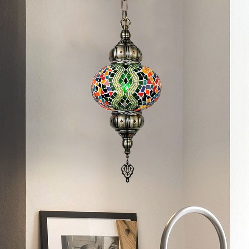 Stained Glass Red/Orange/Green Pendant Lamp Oval 1 Head Vintage Suspension Lighting
