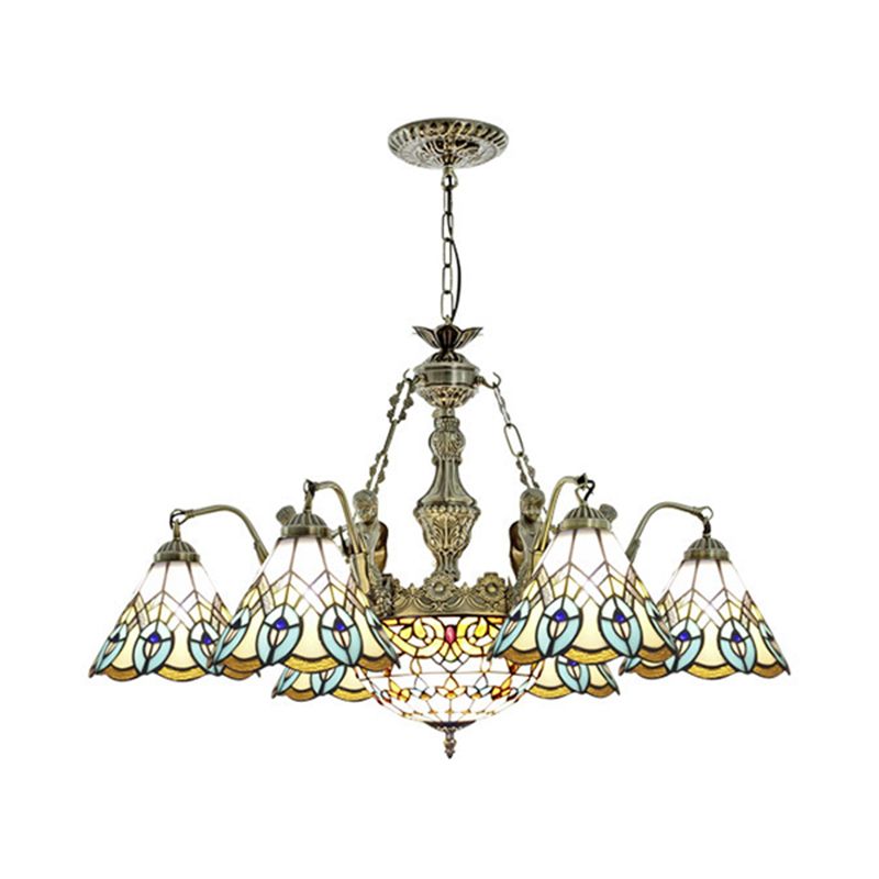 9 Lights Peacock Pendant Lighting Tiffany Style White Stained Glass Chandelier Lamp