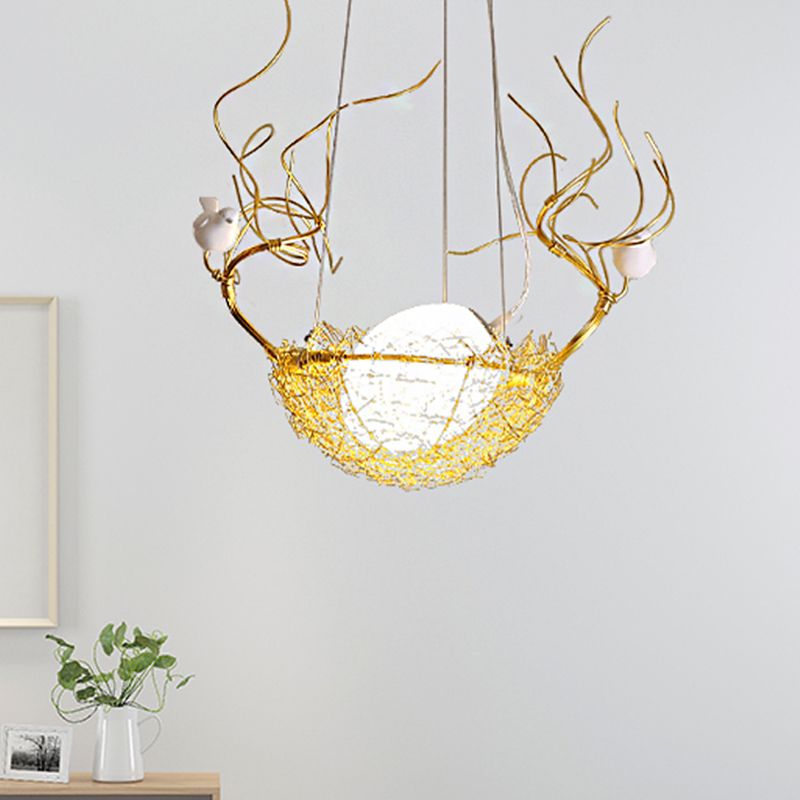 Egg Shaped Hanging Ceiling Pendant Art Deco Milk White Glass 1 Light Gold Chandelier with White Birds and Aluminum Bird Nest