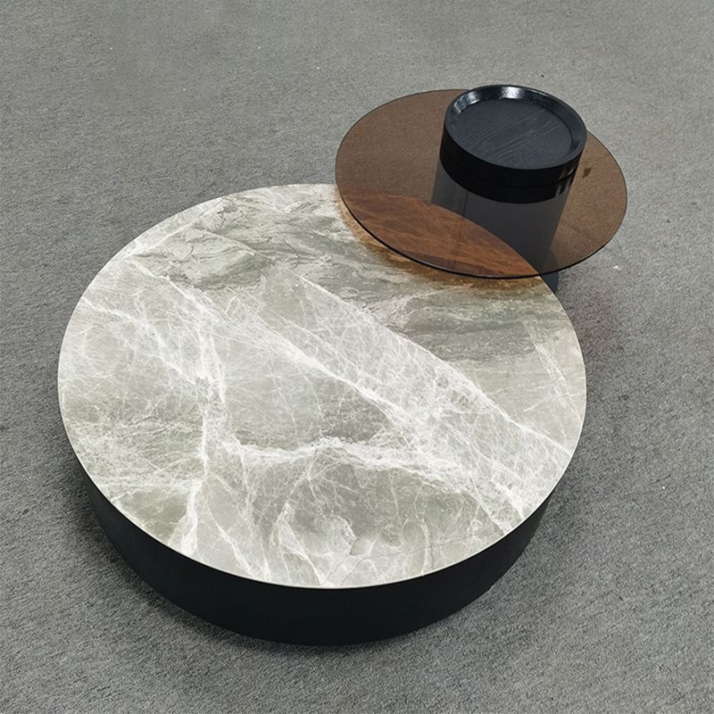 Round Nesting Coffee Table Pedestal Stone Cocktail Table with Drawer