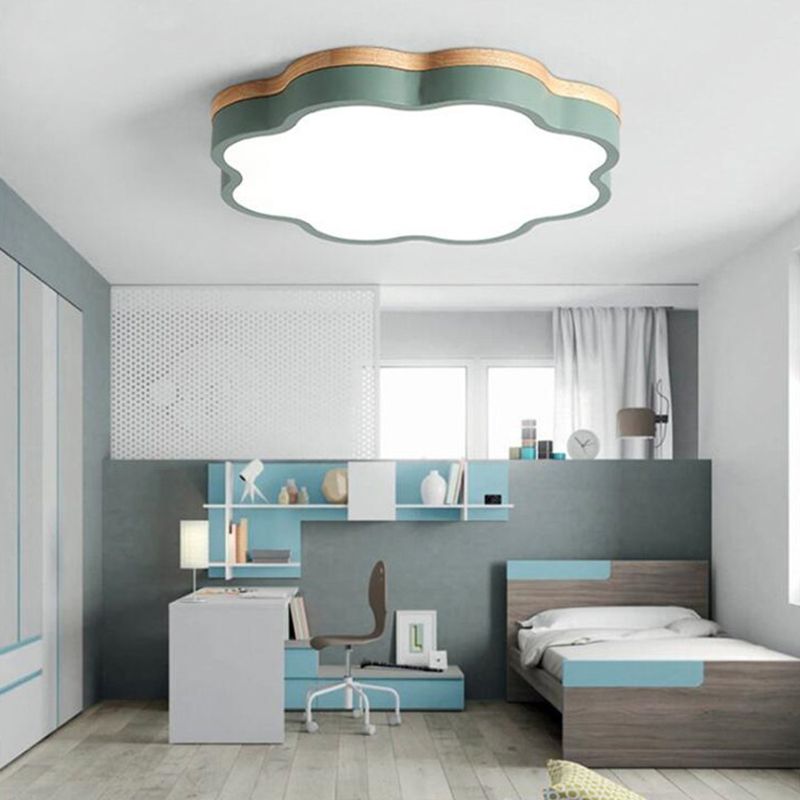 Floral Acrylic LED Flushmount Ceiling Lamp Simplicity Green and Wood Flush Mounted Light for Bedroom
