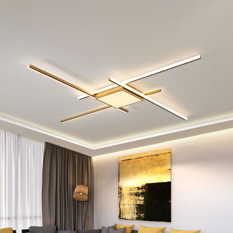69"/82.5" W Linear Acrylic Ceiling Mounted Fixture Modern LED Gold Flush Mount Lamp with Square/Hexagon Acrylic Shade
