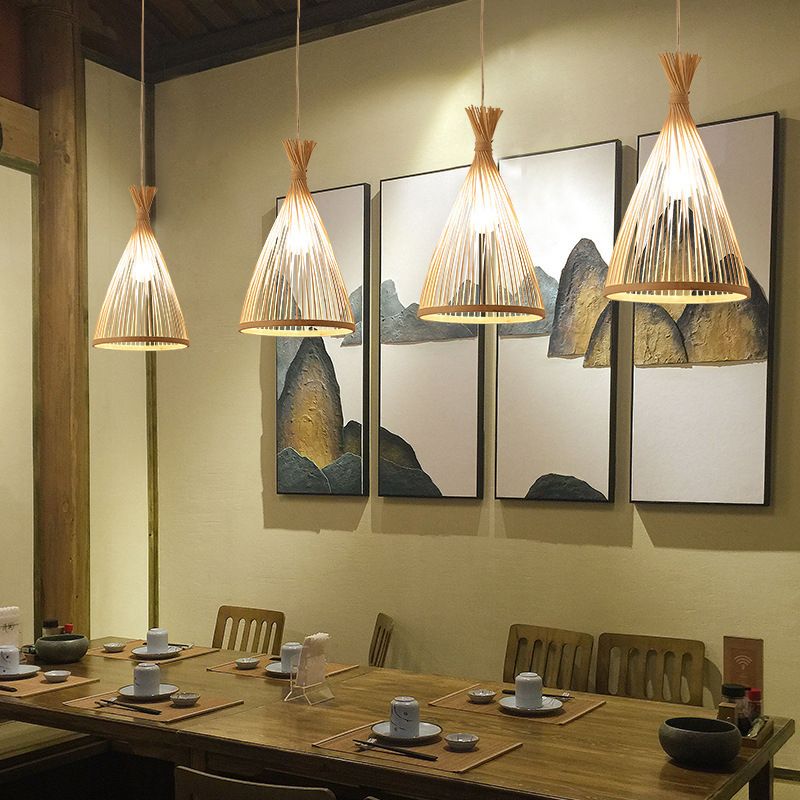 Conical Pendant Light Fixture Chinese Minimalist Bamboo 1 Light Restaurant Suspension Pendant