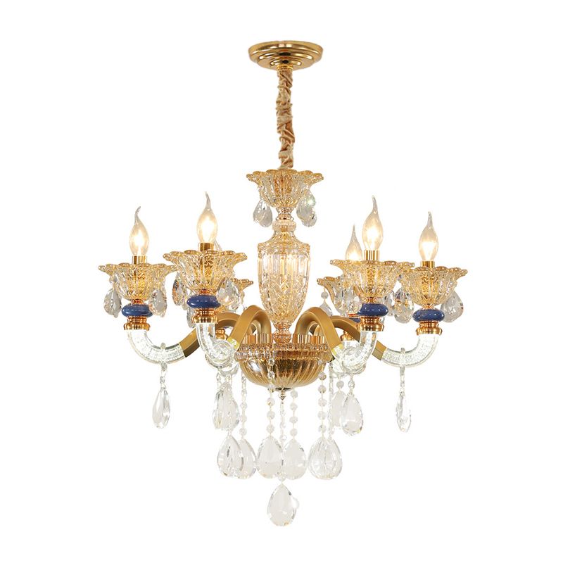 Candelabra Chandelier Light Fixture Traditional Metal 6 Heads Brass Suspension Pendant with Dangling Amber Crystal Accent
