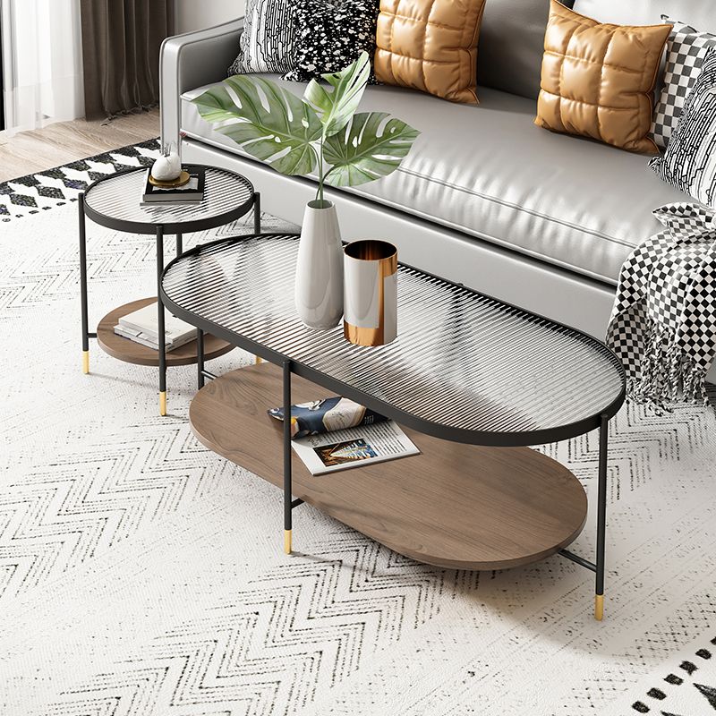 Modern Iron 4 Legs Coffee Table with Shelf Round Cocktail Table in Natural