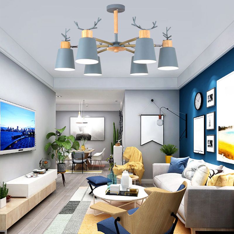 Lámpara colgante geométrica de madera de color colgante de macaron creativo moderno con sombra de hierro forjado