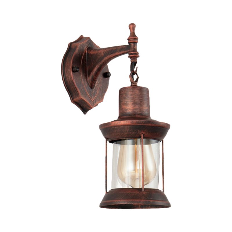 Lantern Clear Glass Wall Mounted Lamp Industrial Single Bulb Bathroom Sconce Light in Antique Copper
