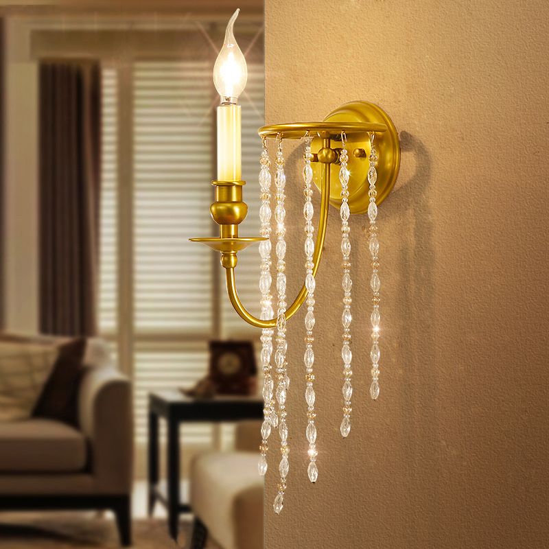 1/2 Lights Corridor Wall Lamp Modern Gold Sconce Light with Metal Candle Design and Crystal Strand Decoration