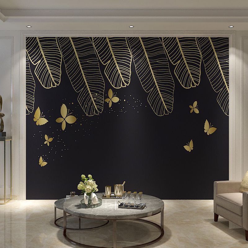 Big Illustration Style Leaf Mural for Living Room in Gold and Black, Personalized Size Available