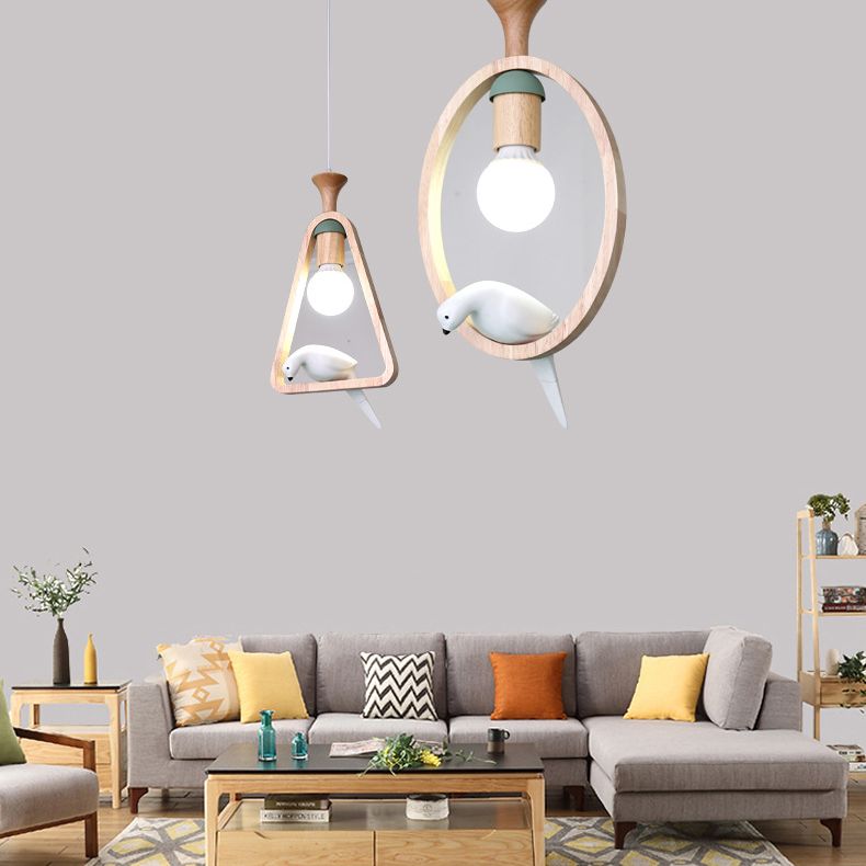 Dadelloze houten suspensielamp Noordse 1-licht hangerverlichting met harsvogel decor