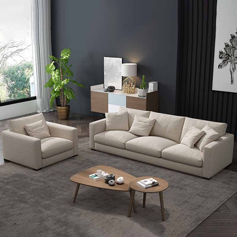 Contemporary Beige Sofa with Loose Back and Square Arms in Linen