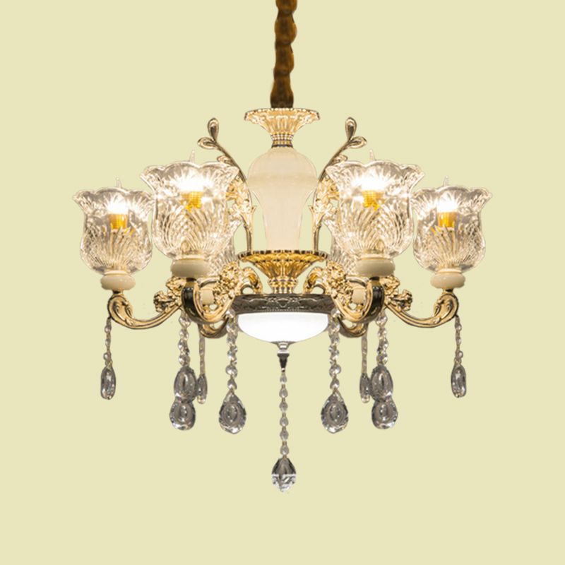 Antique lampadario a pendente floreale 6 luci a soffitto in vetro trasparente in oro con cristallo penzolante