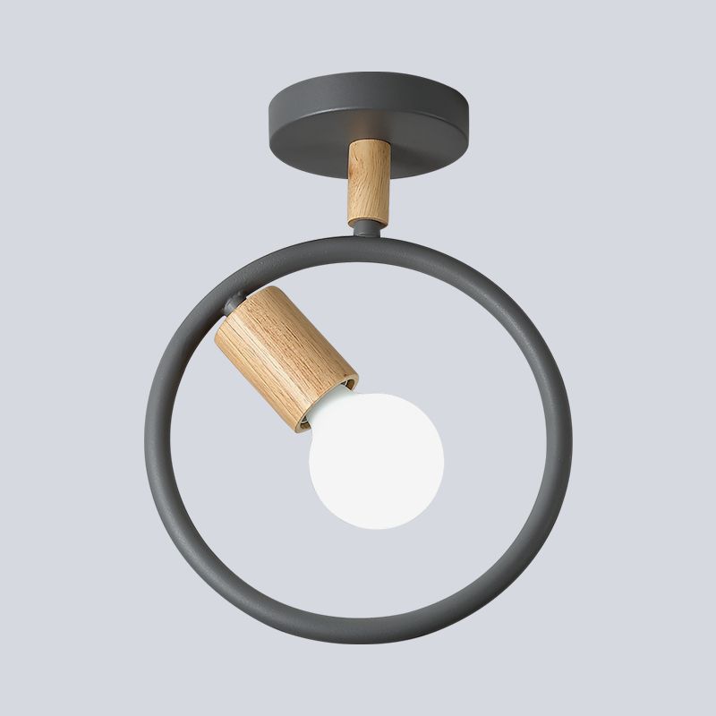 Circle Metal Flushmount Lighting Simple 1 Bulb Grey/Green/White Semi Close to Ceiling Lamp with Tube Wood Arm