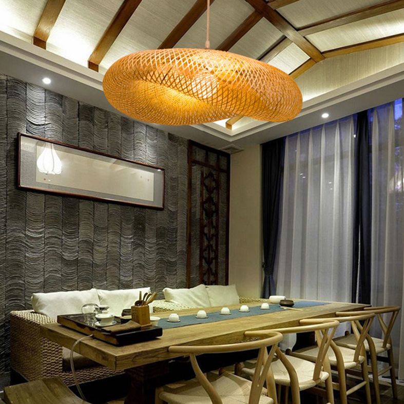 Asiatische Webstil Hut Form Suspension Anhänger Leicht Rattan 1 hängende Deckenleuchten