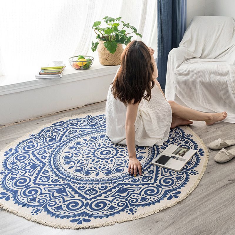 Tapis d'intérieur rond Simple en coton, ton blanc, octogonal, imprimé de fleurs, à franges, pour salon