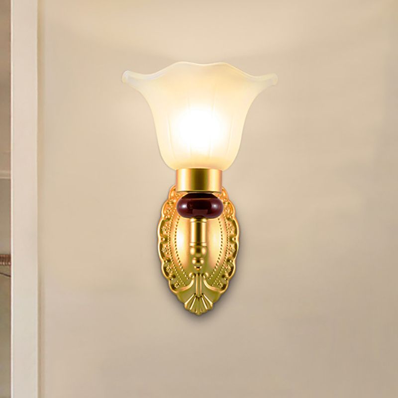 1/2-Head Wall Light Fixture with Petal Shade Opal Glass Vintage Style Bedroom Wall Sconce in Gold