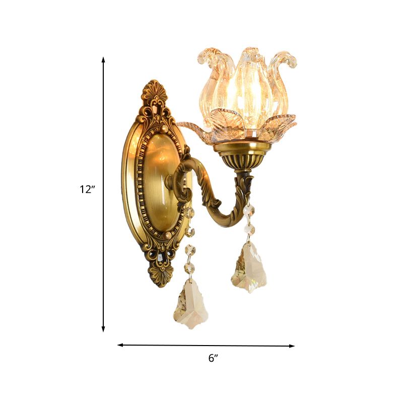 Clear Glass Flower Wall Mounted Light Modern 1/2 Heads Brass Sconce Light with Crystal Drop