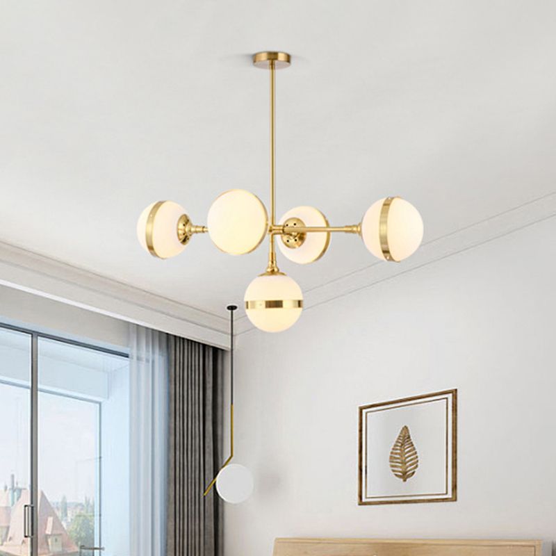 Gold Branch Hanging Lamp Kit Postmodern 3/5-Light White Ball Glass Suspension Pendant Light