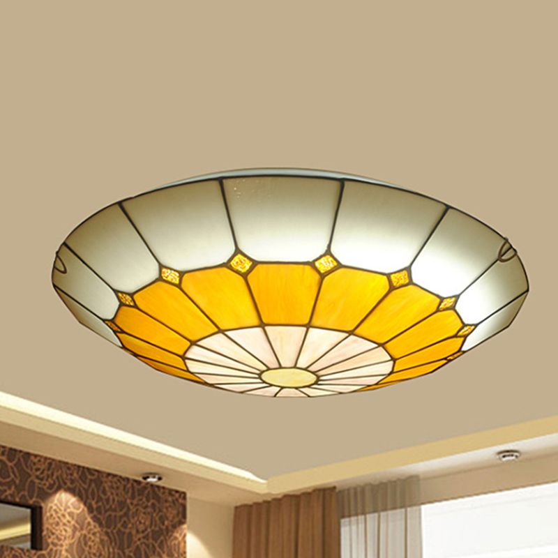 12"/16" Wide Art Glass Grid Bowl Ceiling Mount Light Tiffany Antique Ceiling Lamp in Blue/Orange/Yellow for Bedroom