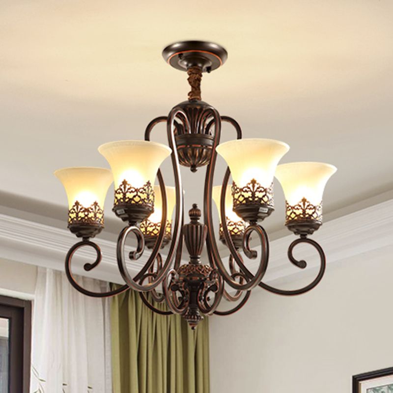 Red-Black Flared Shade Ceiling Lighting Traditional Frosted Glass Living Room Chandelier Light Fixture