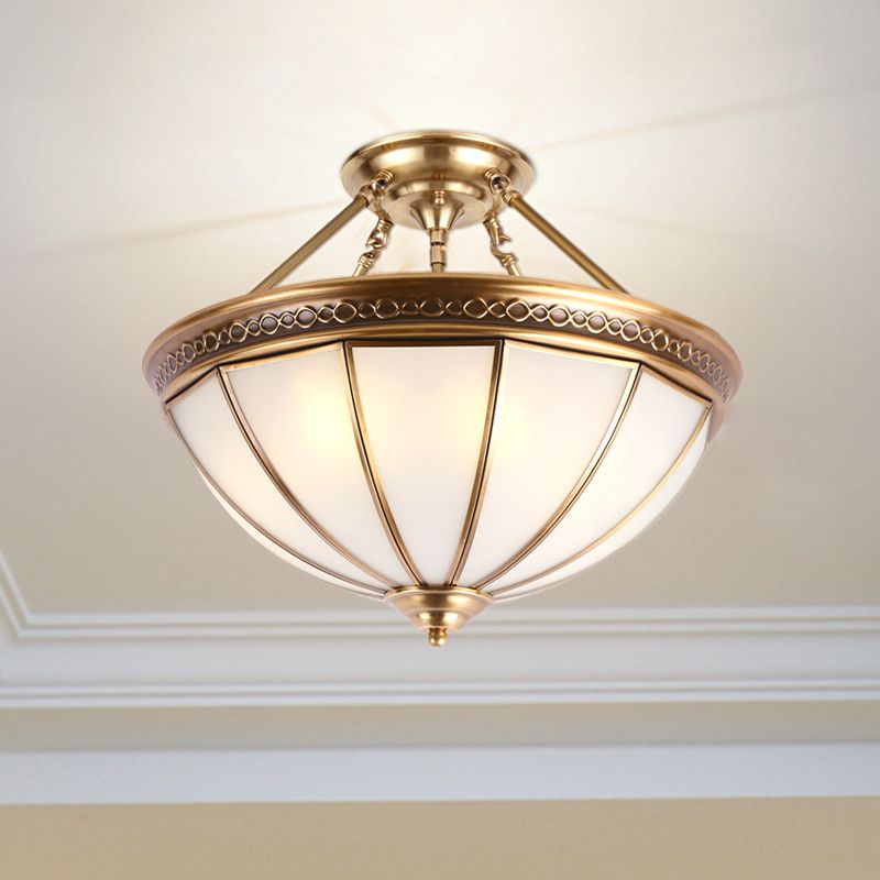 3 Lights Opal Glass Semi Flush Lighting Colonialism Brass Dome Shade Corridor Ceiling Mounted Fixture